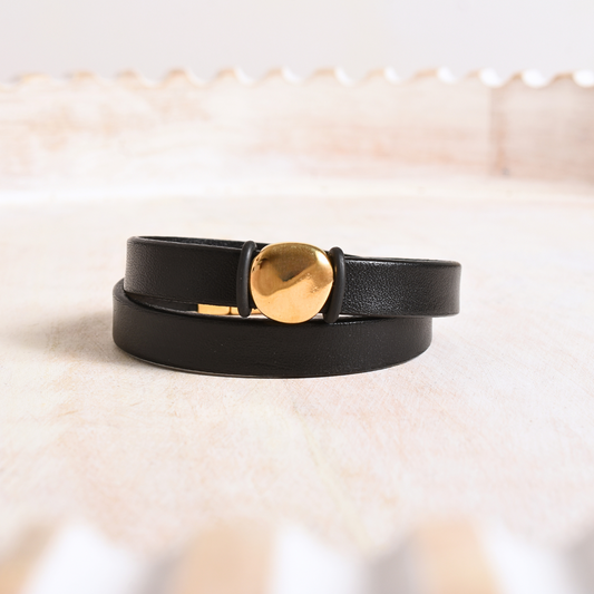 Chunky Black Leather Cuff in Gold