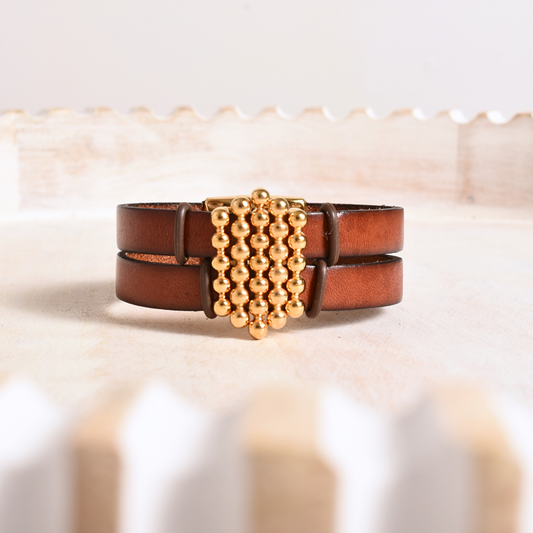 Tan Leather and Gold Statement Bracelet