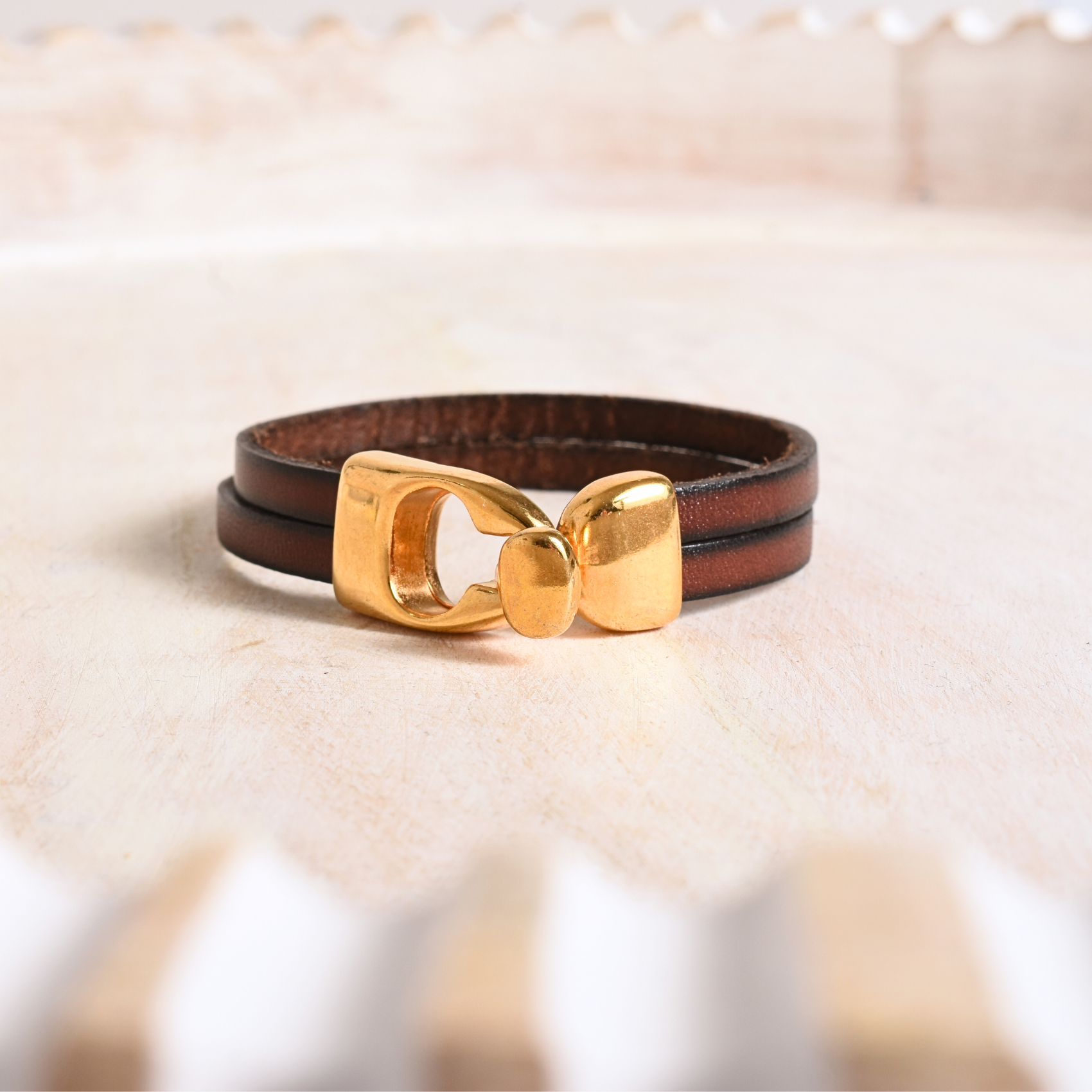 Tan Leather Gold Keyhole Cuff