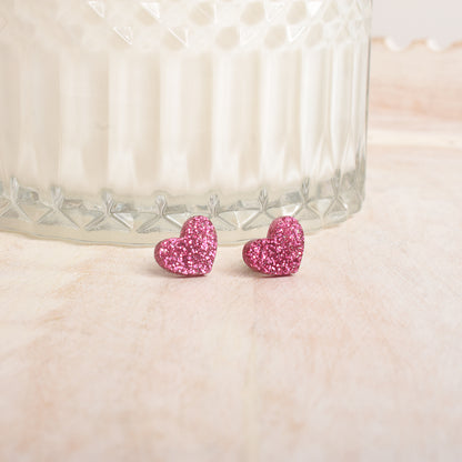 Magenta Glittery Heart Earrings