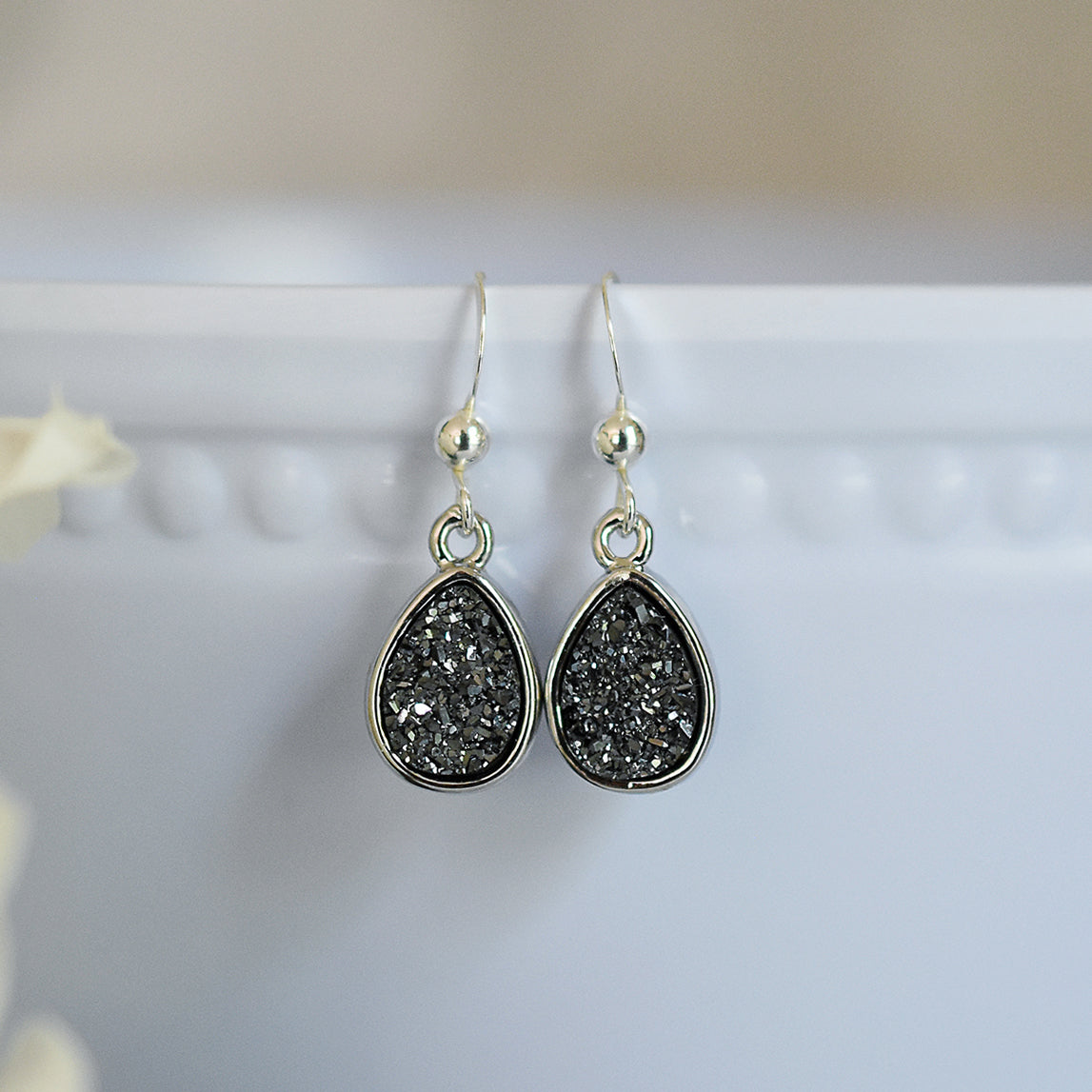 Black Druzy Teardrop Earrings