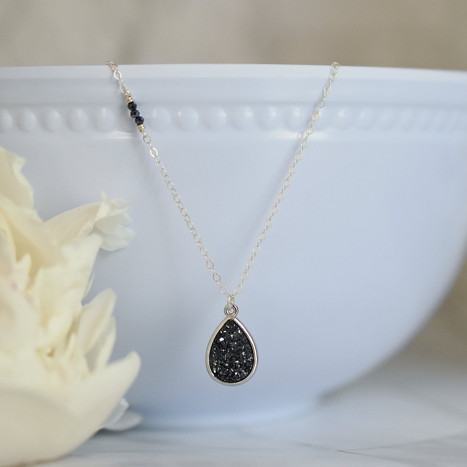 Black Druzy Pendant Necklace 