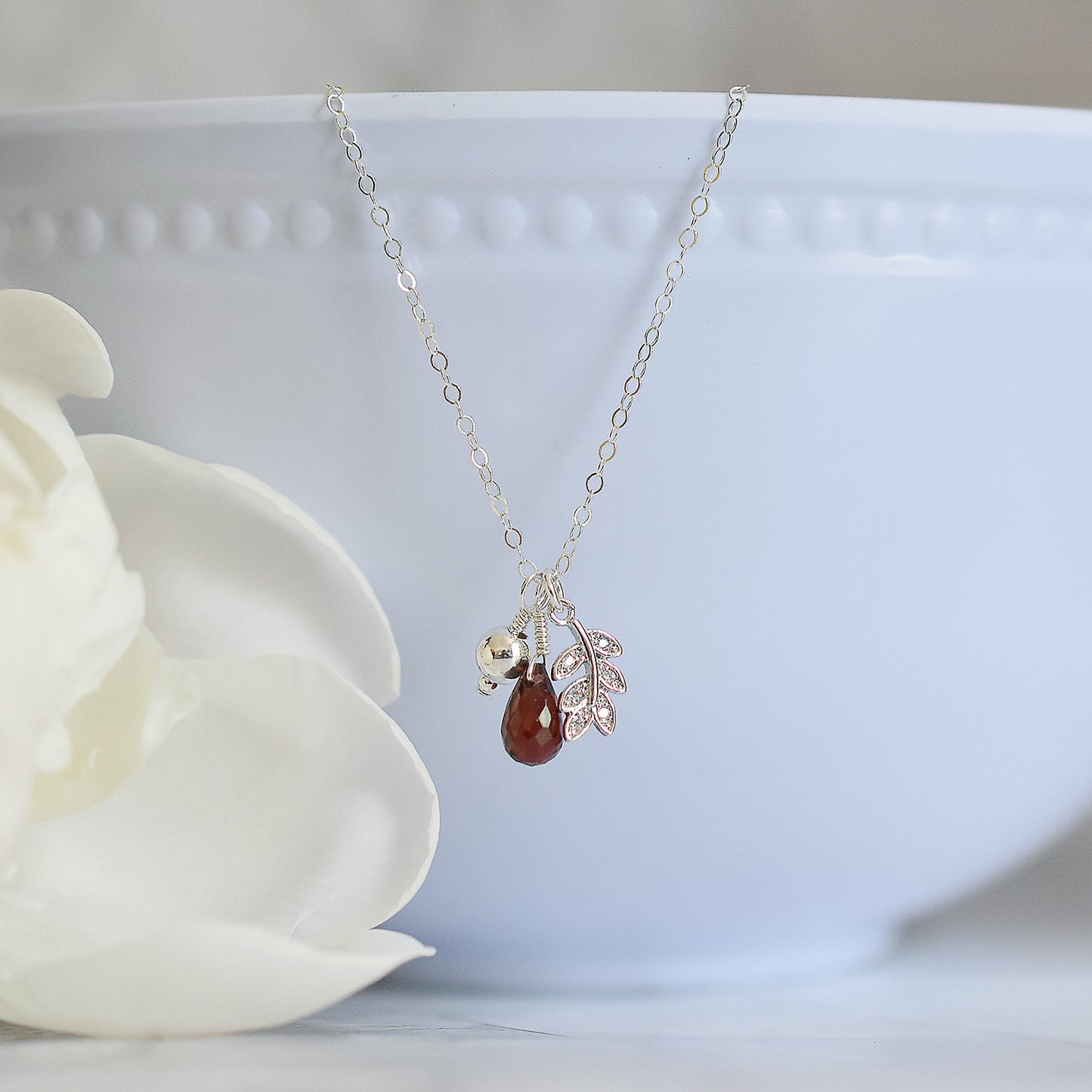 Garnet Silver Charm Necklace