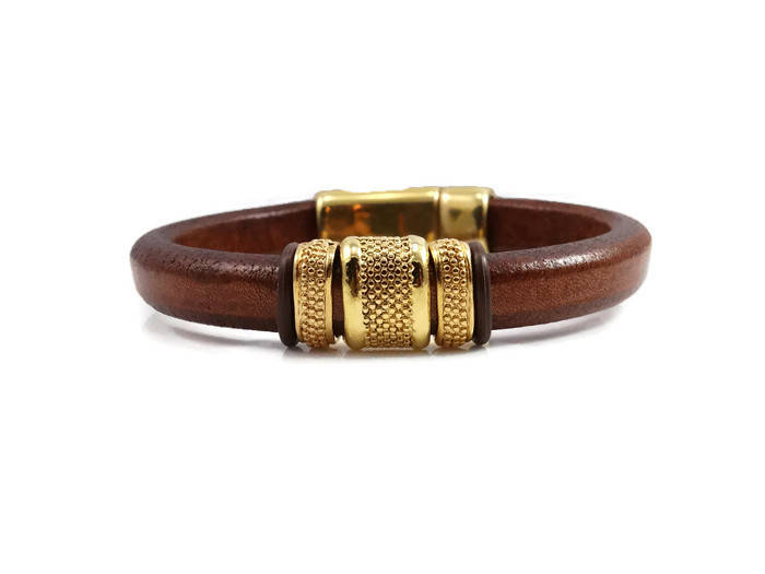 Brown and Gold Leather Bracelet