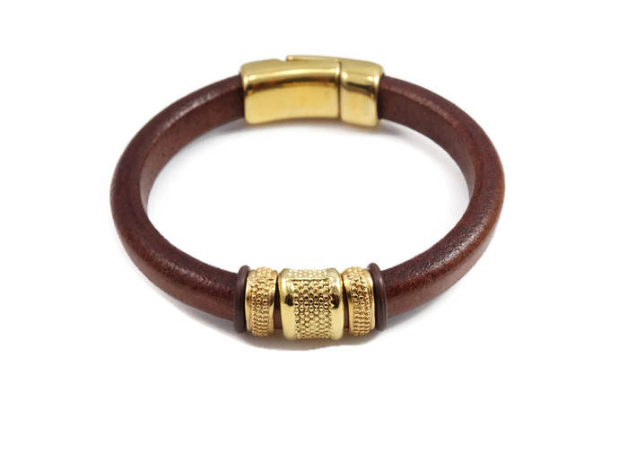 Men's Gold Leather Bracelet 