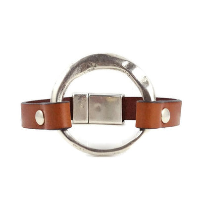 Tan Leather Bracelet with Silver Ring
